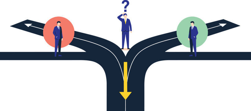 Decision Making Concept with Businessman at Crossroads and Uncertainty About Future Path