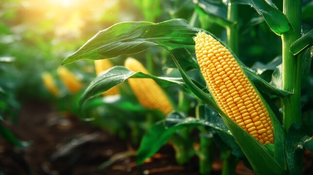 Golden Corn Ears Growing in Lush Green Cornfield with Sunlight Glimmering Through Leaves on a Bright Sunny Day
