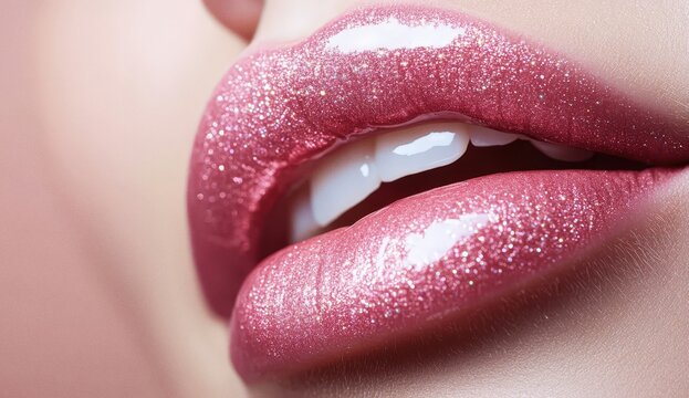 Close-up of sparkling pink glitter lips with white teeth visible, sensual and glamorous makeup