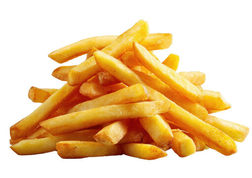Heap of golden french fries with crispy texture and slightly irregular shapes
