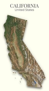 California Shaded Relief Map. United States. Hillshaded physical map. Terrain illustration of California. Elements of this image derrived from NASA imagery and SRTM dataset.