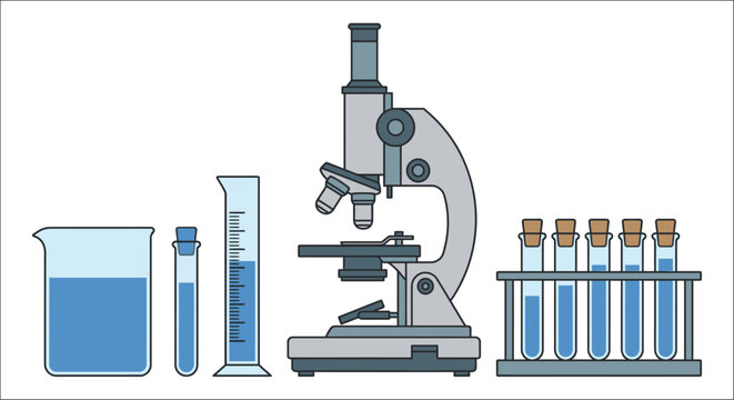 laboratory equipment set with microscope and test tubes