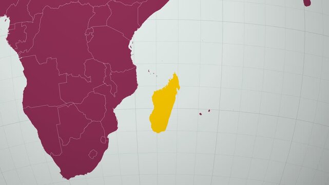 Madagascar map. Animated zoom into the country on the Globe in Pale Mint Dark Pink color palette. Country logo animation with round text and airplanes. Map with meridians, parallels. Appealing video.