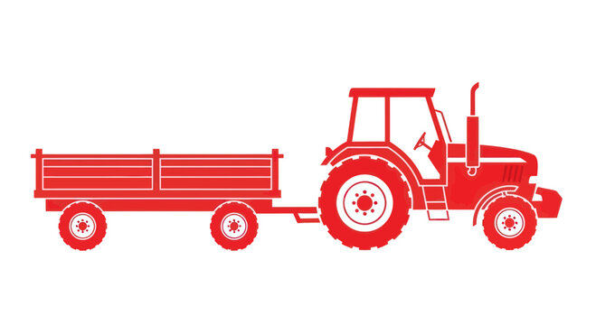 Red Tractor with Trailer, Agricultural Vehicle Illustration