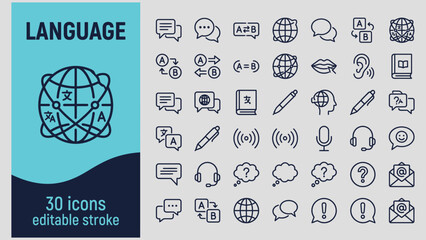 A collection of thirty universal line icons representing communication language translation and global connection concepts © Md