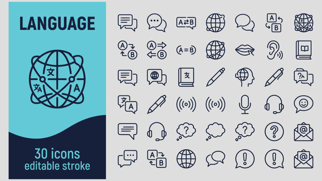 A collection of thirty universal line icons representing communication language translation and global connection concepts