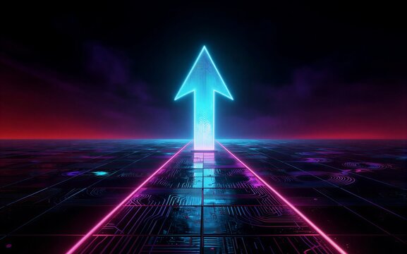 Neon arrow guides path through glowing circuit board under vibrant