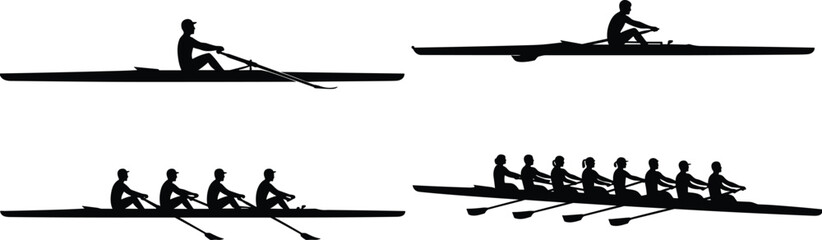 Silhouette of Rowing Athletes in Various Poses for Sports, Rowing, and Teamwork Designs © Bappi