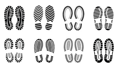 Shoe print set in blue color, featuring various sole patterns and footwear designs, footprint trail icon collection, modern vector illustration © MUNNU