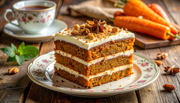 Carrot cake dessert with decorative elements
