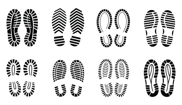 Shoe print set in blue color, featuring various sole patterns and footwear designs, footprint trail icon collection, modern vector illustration