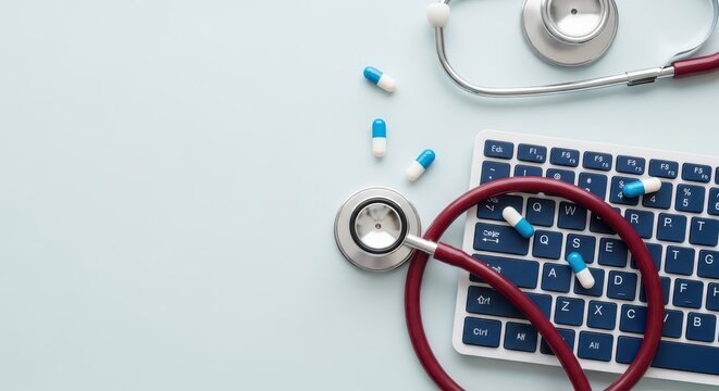 Medical equipment and pharmaceutical capsules are placed on a computer keyboard representing digital healthcare.