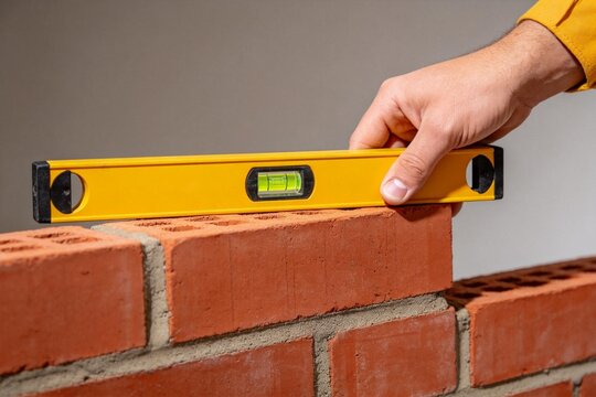 Hand holding level tool on brick wall