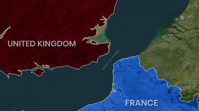 Animated map showing the Strait of Dover connecting the United Kingdom and France