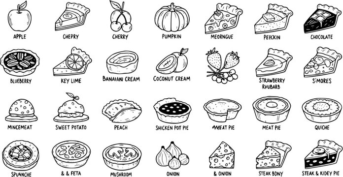 Black and White Line Art Food Icons: Assortment of Pies, Fruits, and Vegetables with Labels