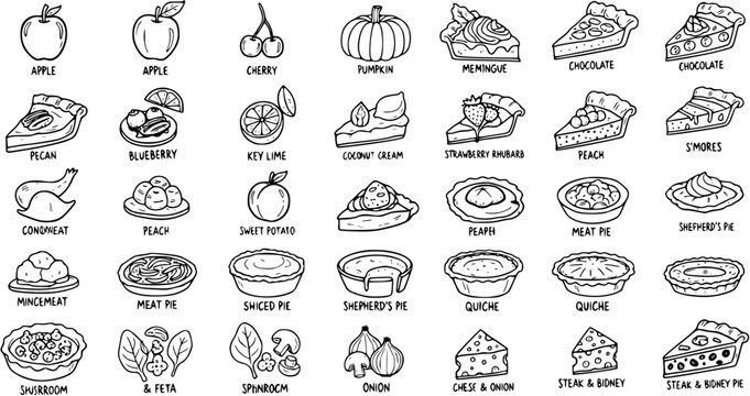 Food and Baking Industry Black and White Line Art Icons of Pies, Pie Slices, and Ingredients - Hand-Drawn Culinary Collection