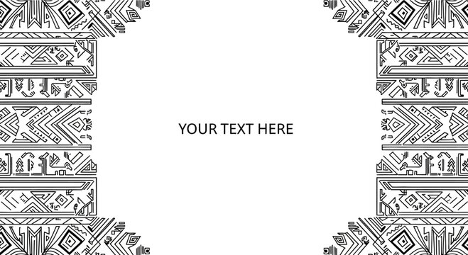Black and white hand drawn tribal ethnic pattern border frame.