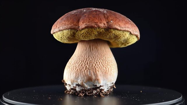 Closeup of a Fresh Porcini Mushroom on a Black Background.