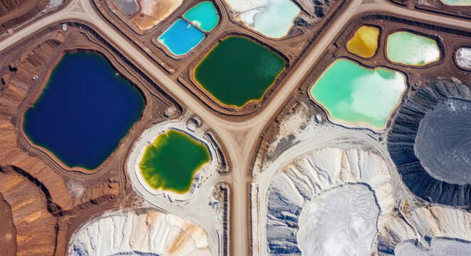 Aerial view of industrial ponds with vibrant colored water and mining waste piles
