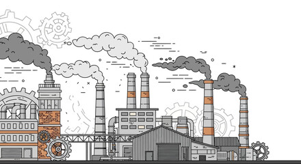 Obraz premium Industrial factory complex with smoking chimneys and mechanical gear elements.