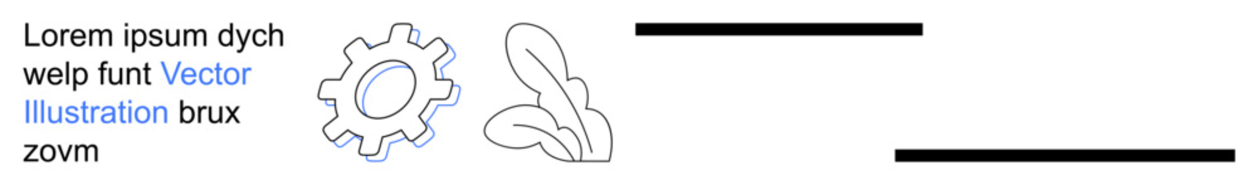 Sustainability, technology, design templates, infographics, development, user interface. Gear and leaf icons next to text and lines. Sustainability and technology concept
