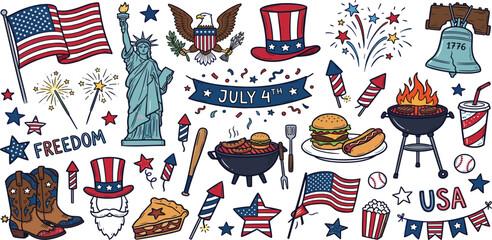 Large hand drawn patriotic American icon set with flags Statue of Liberty eagle BBQ food and fireworks for July 4th Independence Day celebration design vector. © MST HASMOTARA