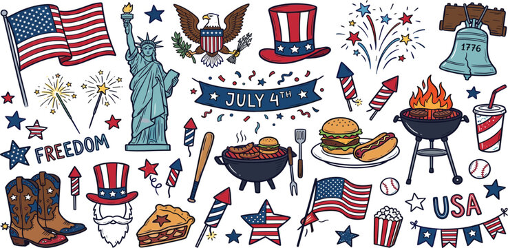 Large hand drawn patriotic American icon set with flags Statue of Liberty eagle BBQ food and fireworks for July 4th Independence Day celebration design vector.