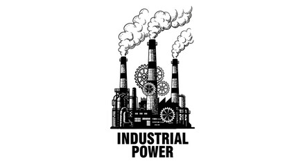Obraz premium Black and white engraving style illustration of industrial power plant with smoke.