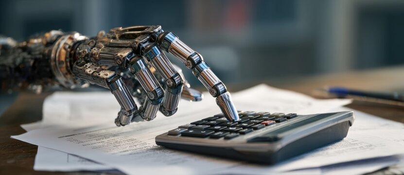 Robotic hand holding a calculator and paper, engaged in data entry or calculation task