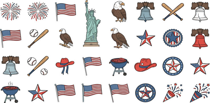 Massive collection of hand drawn patriotic American icons with flags eagles liberty bells and stars for July 4th Independence Day celebration and national holiday design vector.