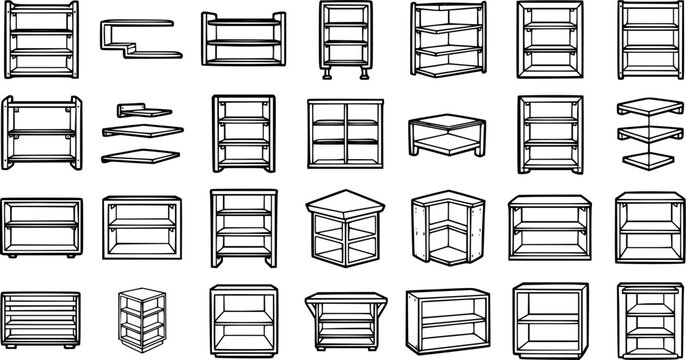 Furniture and Home Storage Shelves Cabinets Vector Line Art Icons. Black and White Outline Collection for Interior Design and Retail.