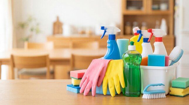 Cleaning products gloves and spray bottles on kitchen counter