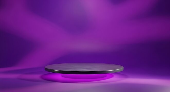 Minimalist presentation platform floats above a glowing surface in a vibrant purple environment