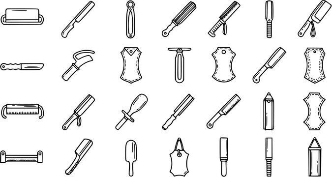 Leatherworking Craft Tools Black and White Line Art Vector Icons: Skiving Knives, Punches, Paddles, and Leather Shapes Collection