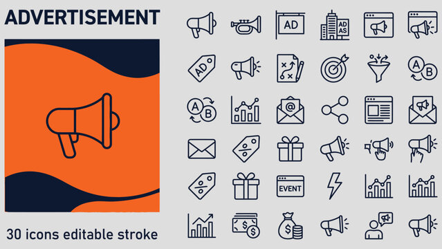 Collection of business marketing and advertising related icons with editable stroke  various symbols for promotion and communication