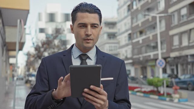 Man in suit holding a tablet and touching his chin while standing on a street lined with apartment buildings, parked cars and a crosswalk; thinking decision.