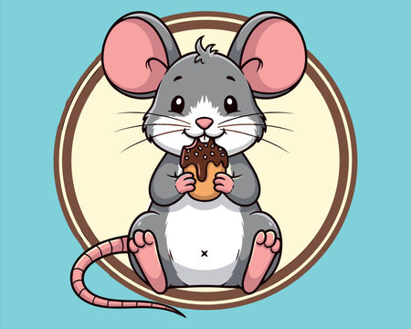 Adorable Cartoon Mouse Character Vector Illustration Eating a Sweet Chocolate Cupcake, Cute Little Rat Mascot for Children's Books, Nursery Decor, Bakery Branding, and Card DesignsAdorable Cartoon Mou