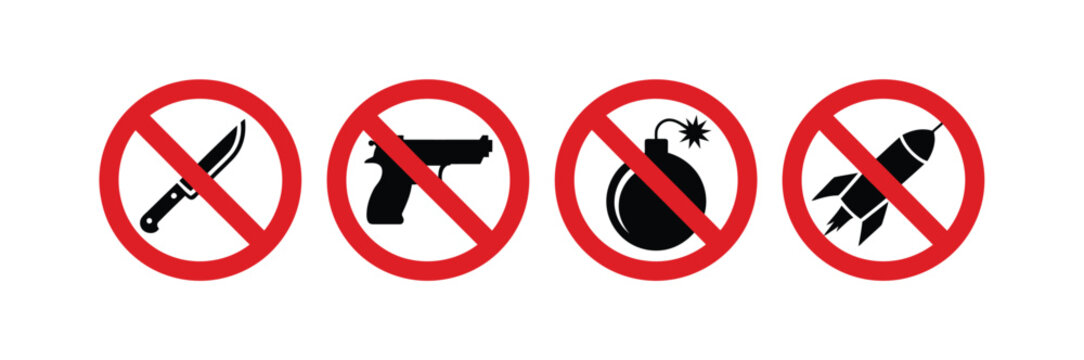 No weapons allowed sign vector set featuring prohibition symbols for safety warning, security regulation, and restricted area signage design