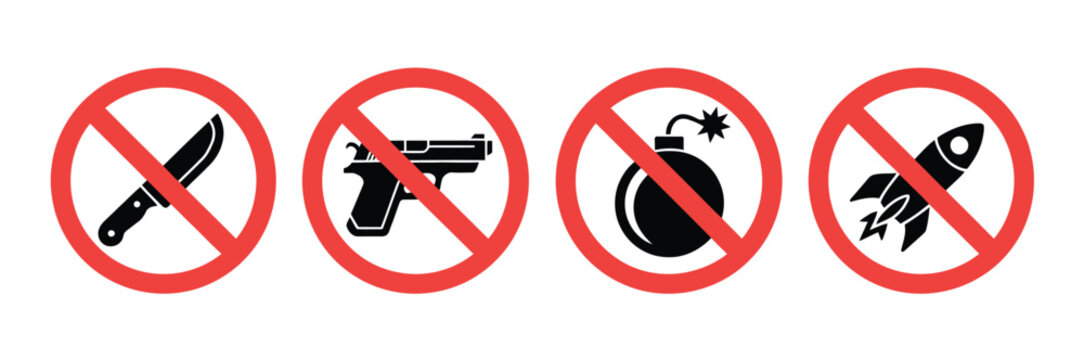 No weapons prohibited sign vector set featuring general restriction symbols for safety warning, security control, and public regulation signage design