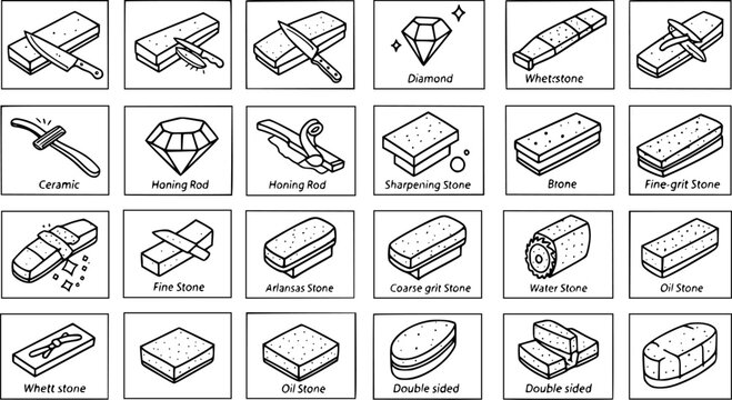 Black and White Line Art Icons of Knife Sharpening Tools and Stones