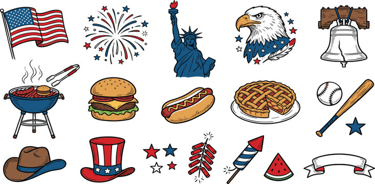 Vintage hand drawn patriotic American icons set with flags liberty bell eagle BBQ food and fireworks for July 4th Independence Day celebration design vector.