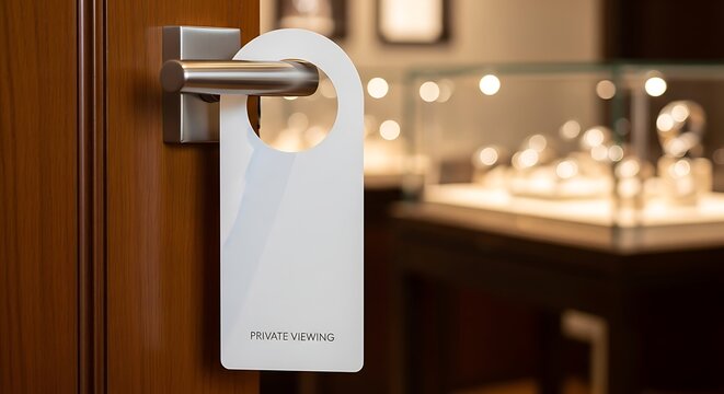 A white door hanger sign hangs on a hotel room door handle.