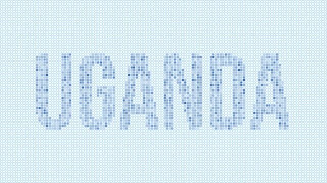 Uganda dotted map animation. Digital style shape of the country. Uganda shape and title dots appear with bulb flickering effect. Intro, outro, logo, title video.