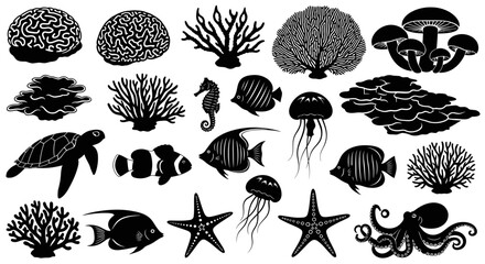 Ocean Life Silhouette Collection: Coral, Fish, Seahorse, Turtle, Jellyfish, Octopus, Starfish © rara