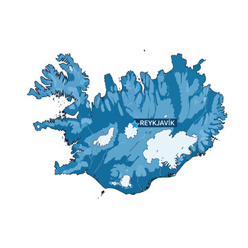 Map of Iceland with Reykjavik highlighted, blue shades, isolated on white