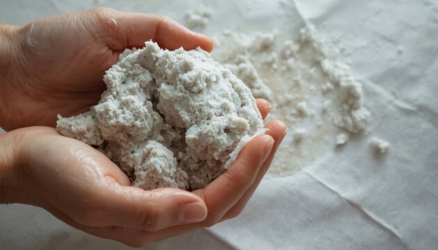  Hand Holding a Wet Lump of Recycled Paper Pulp