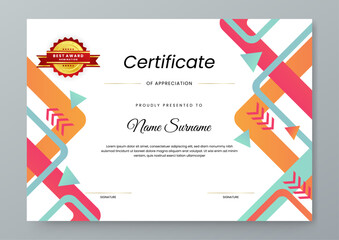 Obraz premium Landscape award certificate featuring dynamic red and orange abstract geometric shapes on white background