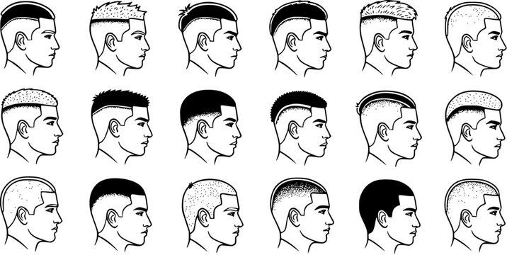 Collection of Modern Male Hairstyles and Haircuts in Black and White Line Art Illustration Style for Men's Grooming, Barber, and Fashion Industry
