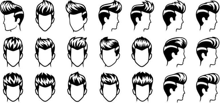 Classic Men's Hairstyles Vector Line Art Icons. Set of Pompadour Haircuts for Barber Shop, Fashion, and Men's Personal Care Industry Branding.