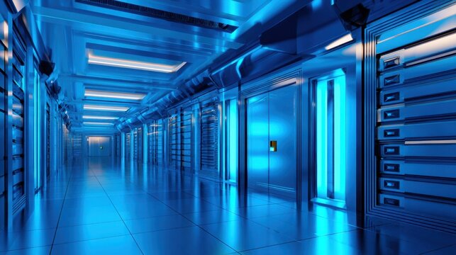 A futuristic server room bathed in blue light, featuring rows of servers and sleek design elements